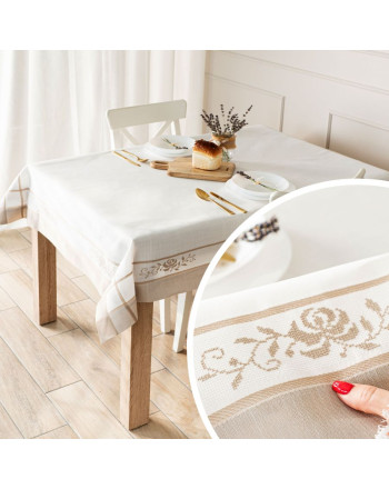 Obrus z tkaniny, kolor biały z beżowym haftem, obszyty listwą, kilka rozmiarów, Astra