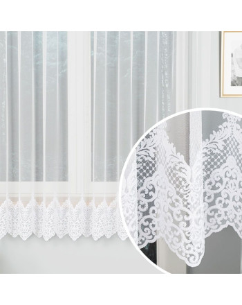 Krótka firanka z haftowanym wzorem na samym dole w kolorze białym, oferowana w dwóch rozmiarach - sprzedawana na metry