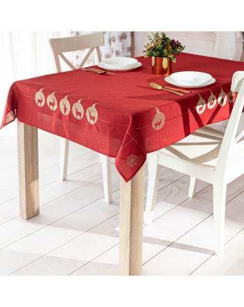 Obrus z motywem bożonarodzeniowym, kolor czerwony ze złotym haftem, kilka rozmiarów, Błyszczący renifer