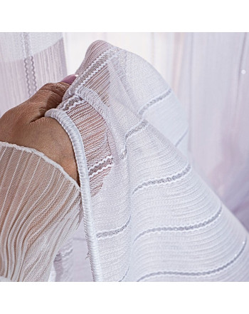 Długa firanka do salonu na taśmie wave biała w srebrne pasy Silver - szyta na wymiar