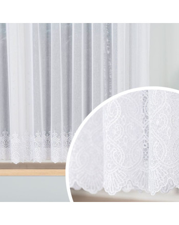 Firana z haftowanym ornamentowym wzorem na dole, na taśmie, kolor biały, wysokość do 160 cm - szyta na wymiar