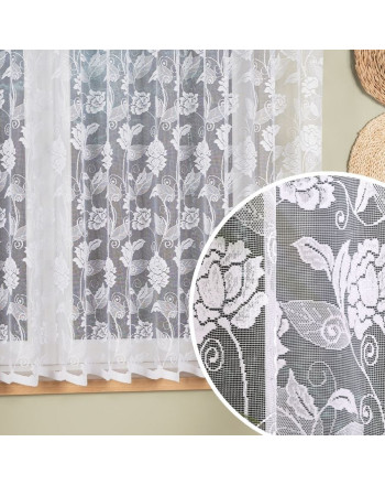 Krótka firanka gotowa  żakardowa do salonu, kuchni ze wzorem wijących się róż, kolor biały, rozmiar 300x160 cm, Nola
