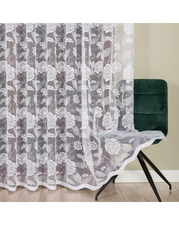Długa firana żakardowa do salonu ze wzorem wijących się róż, oferowana w dwóch wysokościach, kolor biały - sprzedawana na metry