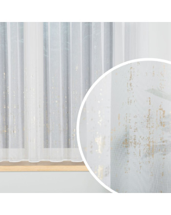 Biała firanka ze złotym zdobieniem, zakończona na dole ołowianką, 318093, wysokość  155 cm - sprzedawana na metry