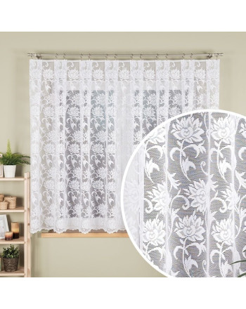 Gotowa krótka firanka żakardowa z kwiatowym wzorem po całości, kolor biały, oferowana w kilku rozmiarach