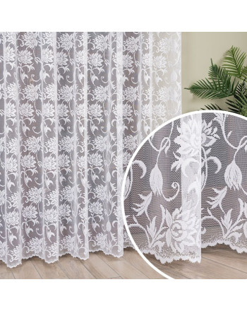 Długa firana żakardowa, wzór kwiatowy po całości, oferowana w dwóch wysokościach, kolor biały - sprzedawana na metry