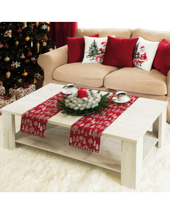 Bieżnik bożonarodzeniowy, drukowany w kolorze czerwonym z brokatem i pomponami, oferowany w trzech rozmiarach, Zimowa Magia