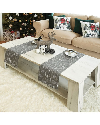 Bieżnik bożonarodzeniowy, drukowany w kolorze szarym z brokatem i pomponami, oferowany w kilku rozmiarach, Zimowa Magia