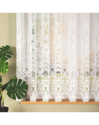 Krótka firanka żakardowa ze wzorem kwiatowym, kolor biały, dwie wysokości, Ela - sprzedawana na metry