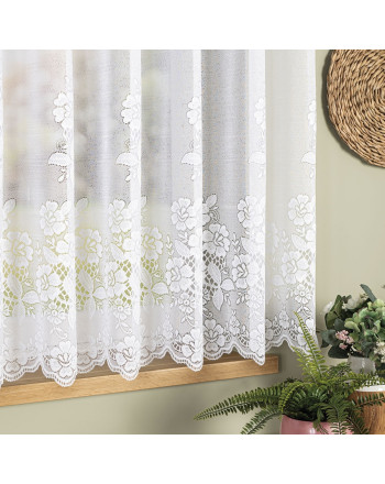 Krótka firanka żakardowa z kwiatowym wzorem pasowym, kolor biały, wysokość 160 cm - sprzedawana na metry