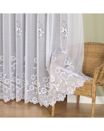 Długa firanka żakardowa z kwiatowym wzorem pasowym do salonu, kolor biały, wysokość 250 cm - sprzedawana na metry