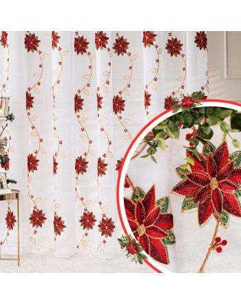 Długa firana do salonu, etamina ze świątecznym czerwono-złotym haftem i ołowianką, wysokość 290 cm - sprzedawana na metry