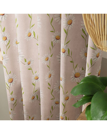 Zasłona welurowa, drukowana w odcieniu beżowym na taśmie marszczącej, szerokość do 165 cm, Stokrotka - szyta na wymiar