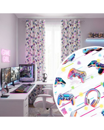 Welwetowy biały materiał na zasłony z gamingowym nadrukiem szer. 150 cm Gamer - na metry