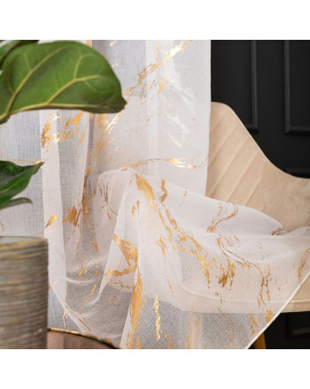 Firana do salonu, kolor biały ze złotym zdobieniem, z ołowianką, na przelotkach, Złoty marmurek - szyta na wymiar