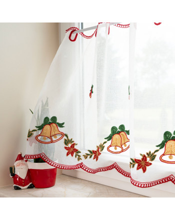 Biała batystowa zazdrostka świąteczna z haftem w dzwonki i gwiazdy betlejemskie, wysokość 50 lub 70 cm, dekoracja okna na Boże Narodzenie.