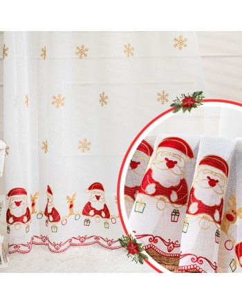Świąteczna firana gotowa na przelotkach, biały batyst z kolorowym haftem, rozmiar 140x250 cm, Noelle
