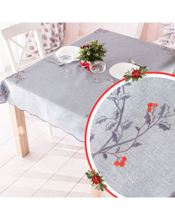 Obrus w kolorze szarym ze świątecznym haftem, kilka rozmiarów, Jarzębinowy Blask