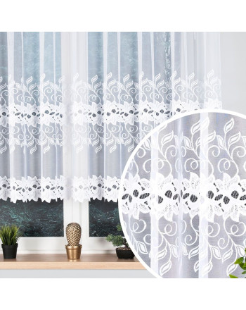 Krótka firanka żakardowa ze wzorem w liście, kolor biały, oferowana w kliku wysokościach - sprzedawana na metry