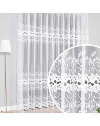 Długa firana żakardowa do salonu ze wzorem w liście, kolor biały, oferowana w kilku wysokościach - sprzedawana na metry 