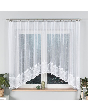 Krótka gotowa firanka żakardowa, kolor biały z roślinnym wzorem, rozmiar 310x160 cm, Kamelia