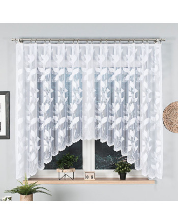 Wzorzysta krótka firanka żakardowa w liście, wykończona łukiem, rozmiar 320x160 cm, Martyna