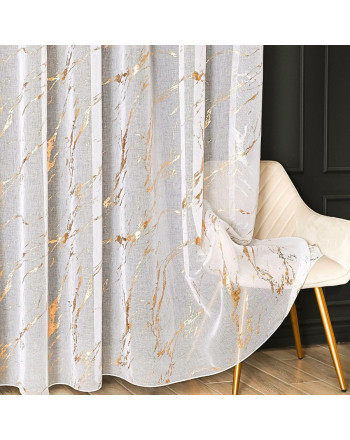 Firana do salonu, kolor biały ze złotymi zdobieniami, z ołowianką, na taśmie marszczącej, Złoty marmurek - szyta na wymiar