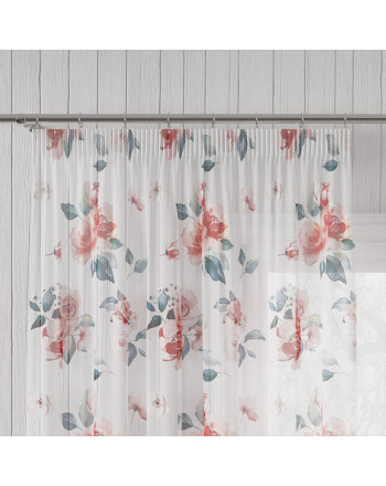 Dekoracyjna zasłona woalowa, drukowana w kwiaty, kolor czerwony, szerokość 140 cm, Lanosa, - sprzedawana na metry