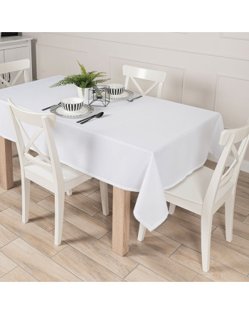 Gotowy obrus z tkaniny wodoodpornej o fakturze płótna, wykończony listwą, oferowany w kilku rozmiarach, kolor biały, Aruba