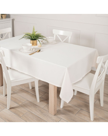 Gotowy obrus z tkaniny wodoodpornej o fakturze płótna, wykończony listwą, oferowany w trzech rozmiarach, kolor kremowy, Aruba