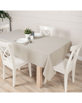 Gotowy obrus z materiału wodoodpornego o fakturze płótna, wykończony listwą, kolor beżowo-szary, oferowany w trzech rozmiarach, Aruba