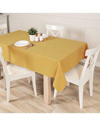 Gotowy obrus z tkaniny wodoodpornej o fakturze płótna, wykończony listwą, oferowany w trzech rozmiarach, kolor musztardowy, Aruba