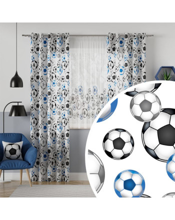 Welurowy materiał na zasłony z niebiesko-czarnym nadrukiem, szerokość 165 cm, Futbol, Piłka - sprzedawany na metry