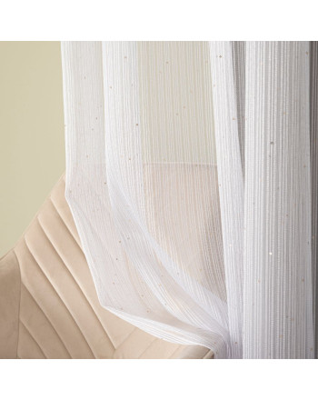 Długa biała firana z ołowianką do salonu, ozdobiona złotymi cekinami, na fleksach, wysokość  do 280 cm, Eleni - szyta na wymiar