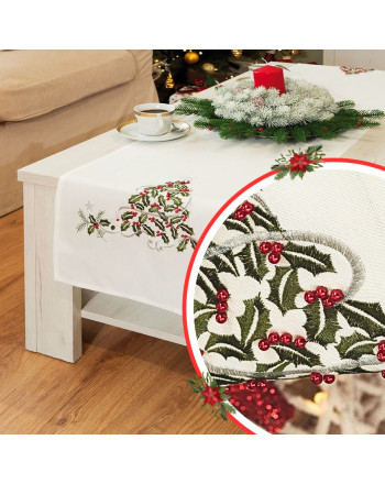 Bieżnik w kolorze białym ze świątecznym haftem i czerwonymi perełkami, dwa rozmiary, Zielony urok