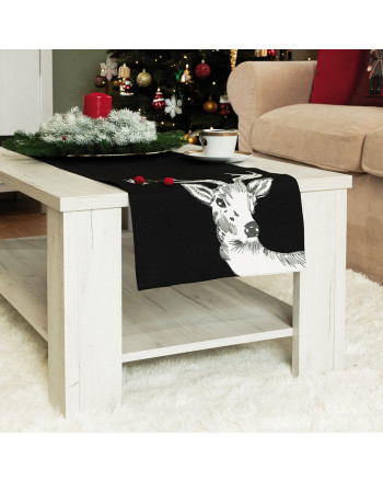 Czarny bieżnik z nadrukiem renifera w tonacji biało-szarej, rozmiar 35x140 cm, Rudolf