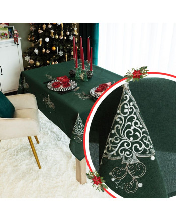 Prostokątny obrus z zielonej tkaniny ze zdobieniem świąteczny ze srebrnej nici, oferowany w dwóch rozmiarach, Klasyczne święta