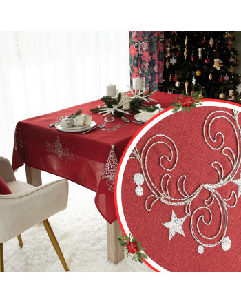 Prostokątny obrus w kolorze czerwonym ze zdobieniem  postaci srebrnej nici, oferowany w dwóch rozmiarach, Klasyczne święta