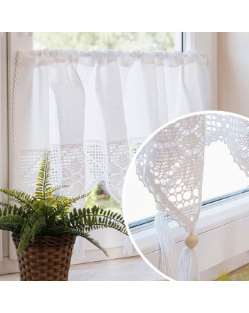 Bawełniana, biała, ażurowa zazdrostka, wykończona frędzlami z koralikiem, oferowana w 2 wysokościach - sprzedawana na metry