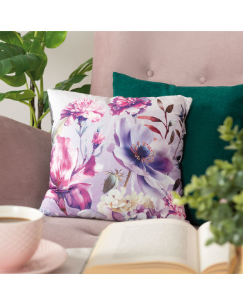 Welwetowa poszewka na poduszkę z motywem fioletowych kwiatów, rozmiar 40x40 cm, Wera