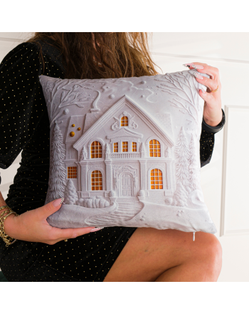 Welwetowa poszewka dekoracyjna, kolor jasnoszary, nadruk z efektem 3D, rozmiar 40x40 cm, Zimowy domek