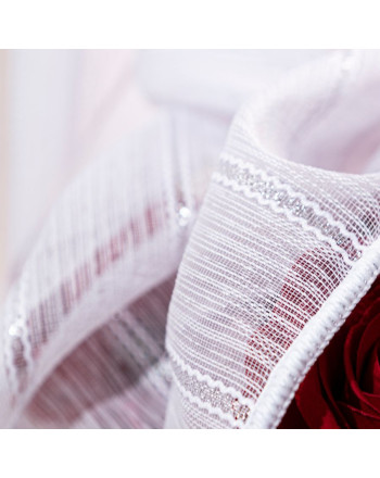 Krótka gotowa firanka do salonu na taśmie biała w srebrne pasy dwa rozmiary Silver