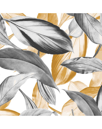 Tkanina, firana o strukturze lnu w musztardowo-szare liście, wysokość 190 cm, Peruga - sprzedawana na metry