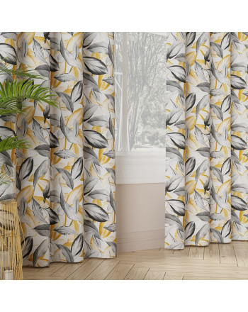 Tkanina zasłonowa z bawełny, drukowana w liście, kolor żółto-szary, szerokość: 142 cm, Peruga - sprzedawana na metry