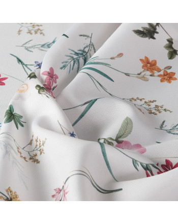 Wodoodporny materiał na obrusy lub zasłony, kolor biały z kwiatowym nadrukiem, szerokość 160 cm, Polana - sprzedawana na metry