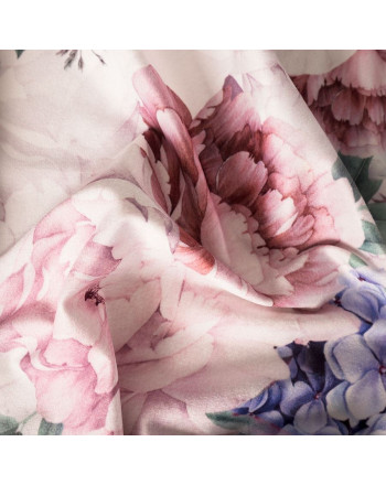 Welwetowy materiał na zasłony, drukowany w kolorze różowo-fioletowy, szerokość 150 cm, Peoni - sprzedawany na metry
