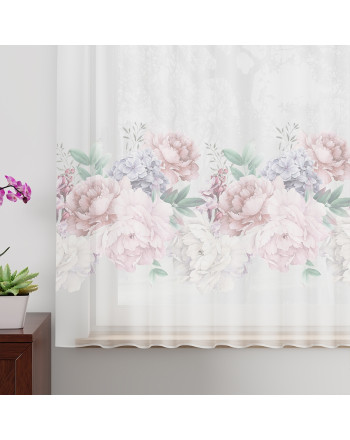 Firanka woalowa z ołowianką drukowana w kolorowe piwonie, kolor różowy, wysokość 157 cm, Peoni - sprzedawana na metry 