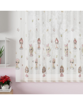Firanka dziecięca woalowa z ołowianką , kolor biały z nadrukiem różowym, wysokość 157 cm, Princess - sprzedawana na metry