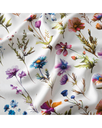 Półzaciemniający welurowy materiał na zasłony, biały z kolorowym nadrukiem, wysokość 300 cm, Kwiaty polne - sprzedawany na metry