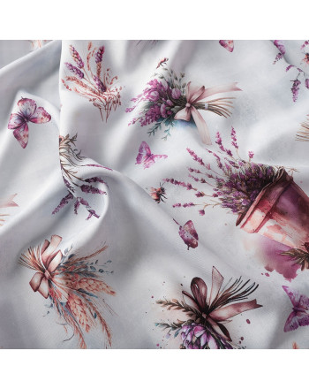 Tkanina wodoodporna z nadrukiem kwiatów lawendy na szarym tle, szerokość 160 cm, Lavette - sprzedawana na metry